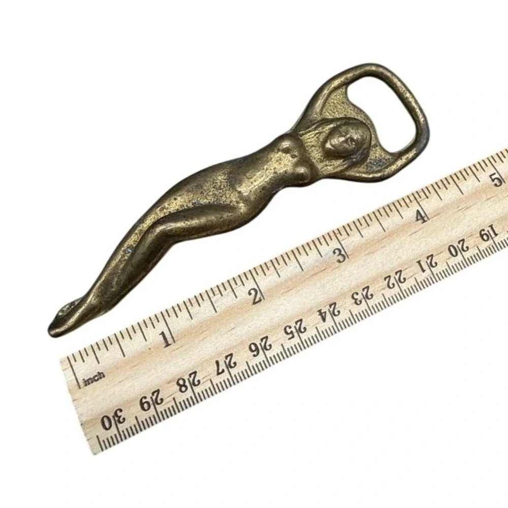 Vintage Brass Figural Lady Bottle Opener Nude‎ Siren Barware 4 Inch Antique Gold